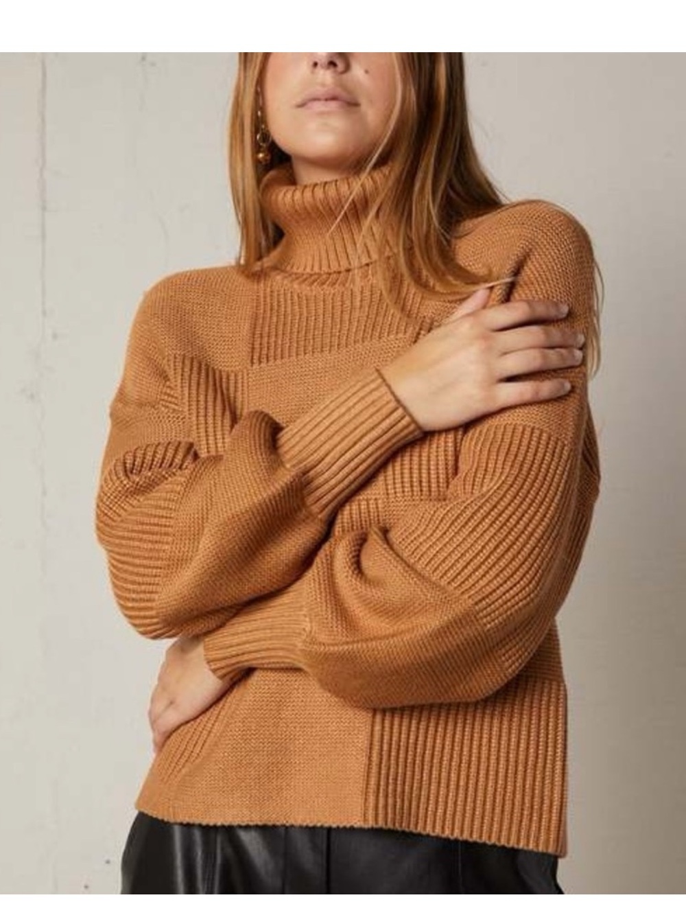 Staud Benny Sweater Camel Brown Balloon Sleeve Knit Rayon Nylon Large